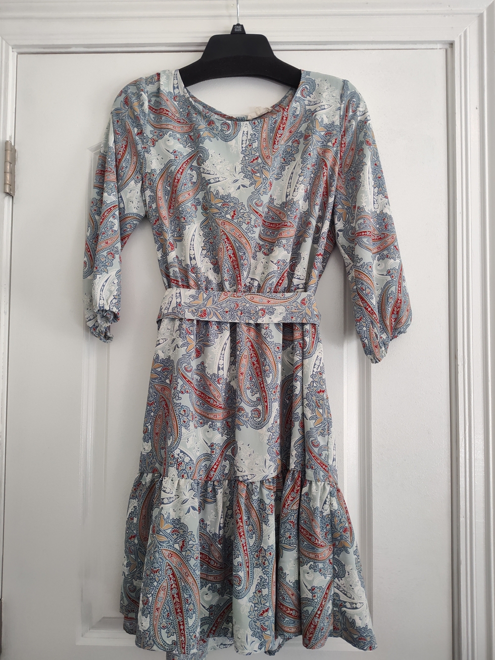 Jane and Delancey Paisley Print Midi Dress in Light Blue and Rust Ballet Paisley